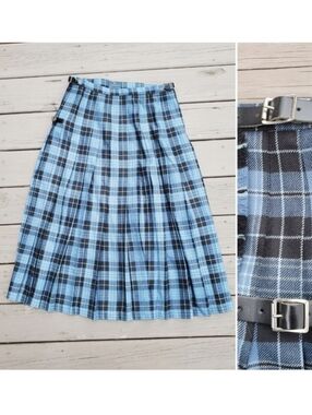 Lochcarron of Scotland Blue Black Clergy Plaid Wool Kilt Buckle Wrap Skirt 10/12
